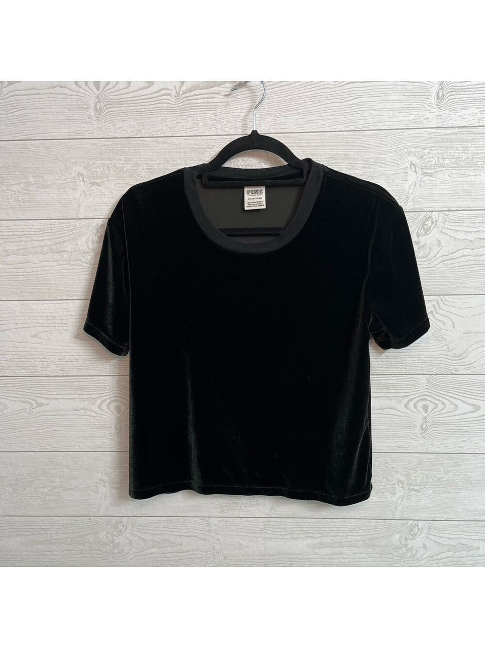 Victoria Secret Women’s Crop Short Sleeve Black Velour Top, Size S
